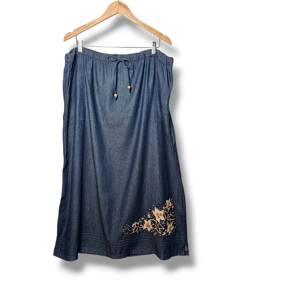 Vintage Midi Skirt 2X Denim Blue Floral Embroidered Beaded Pocket Modest 90s Y2K
